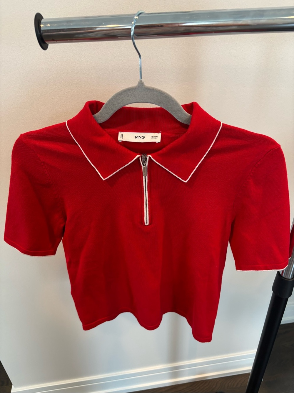 Mango Red Cropped Polo Top with White Trim